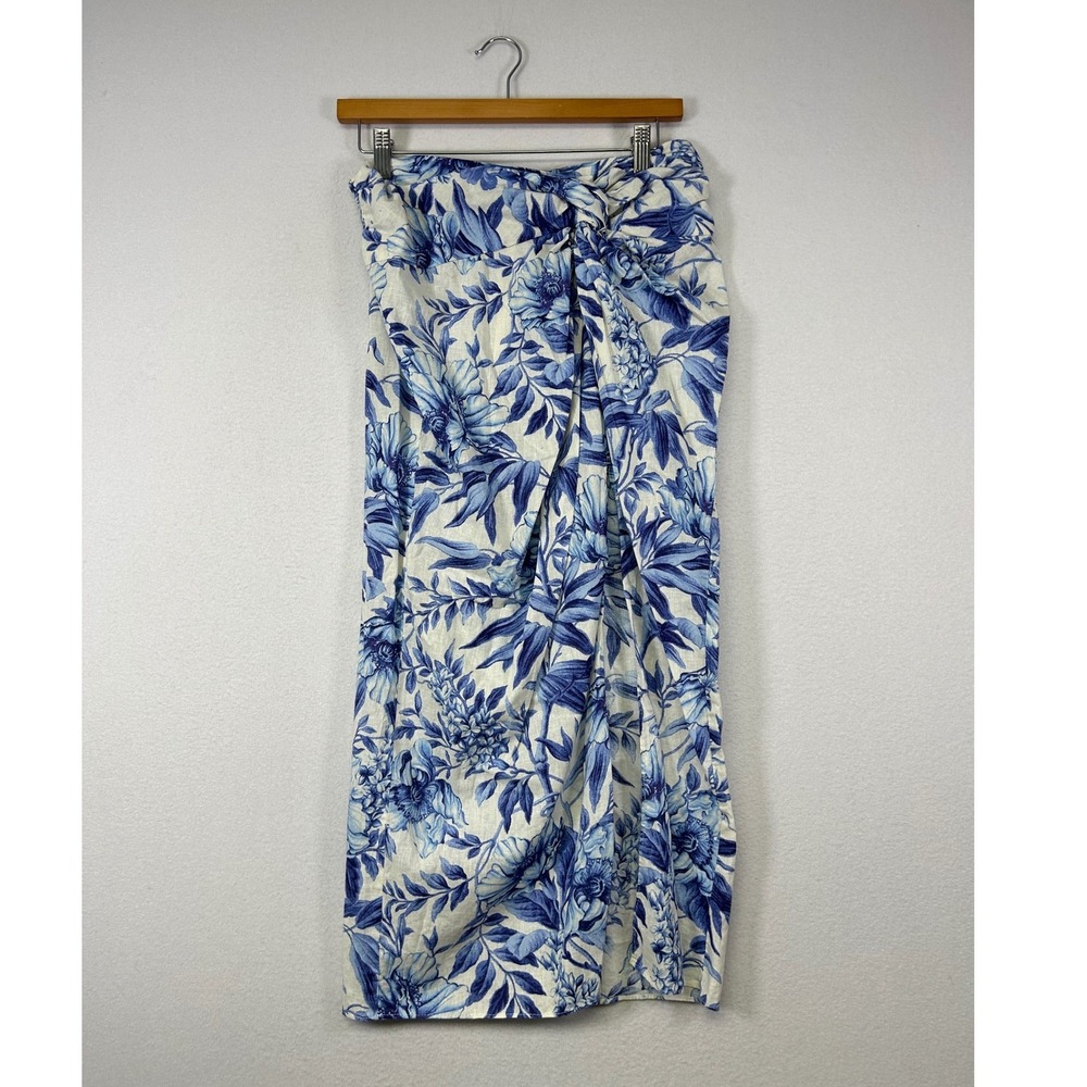 Coastal Toile H&M Women 10 Blue White Floral Linen Blend Sarong Midi Skirtโ Knot